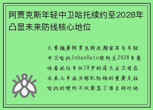 阿贾克斯年轻中卫哈托续约至2028年凸显未来防线核心地位